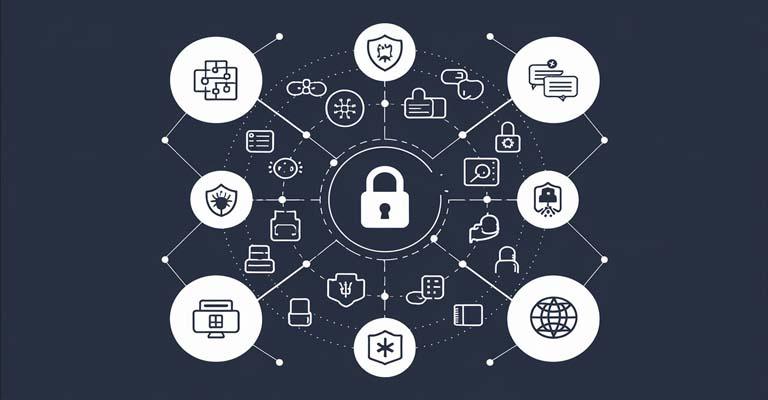 Image depicting various aspects of security, including cyber security, data protection, and threat detection