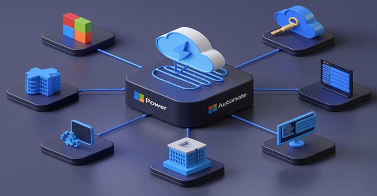 Visual representation of Microsoft Power Automate, featuring the logo and examples of automated workflows. The image illustrates key functionalities such as connecting different applications, automating repetitive tasks, and streamlining business processes. It emphasizes the platform's user-friendly interface for creating workflows without coding, enabling organizations to improve efficiency and productivity