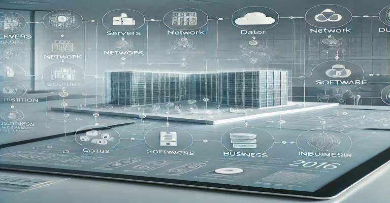 Professional layered architectural design concept representing a comprehensive SharePoint 2016 deployment review, featuring interconnected elements of deployment architecture, network, infrastructure, permissions, cloud integration, software, business, data, and information architecture, set against a modern corporate workspace background